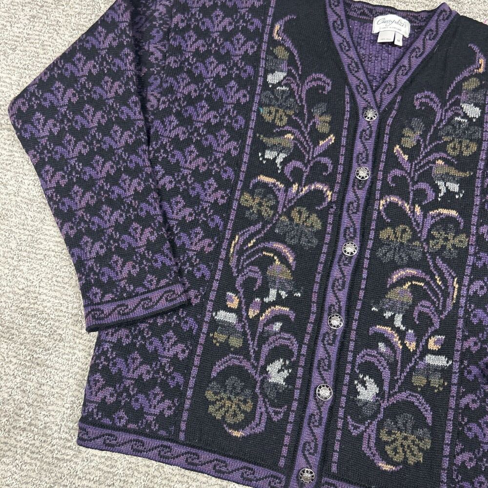 Cherry Lewis Sweater Womens Medium Purple Wool Floral Tapestry Cardigan England - Picture 4 of 7